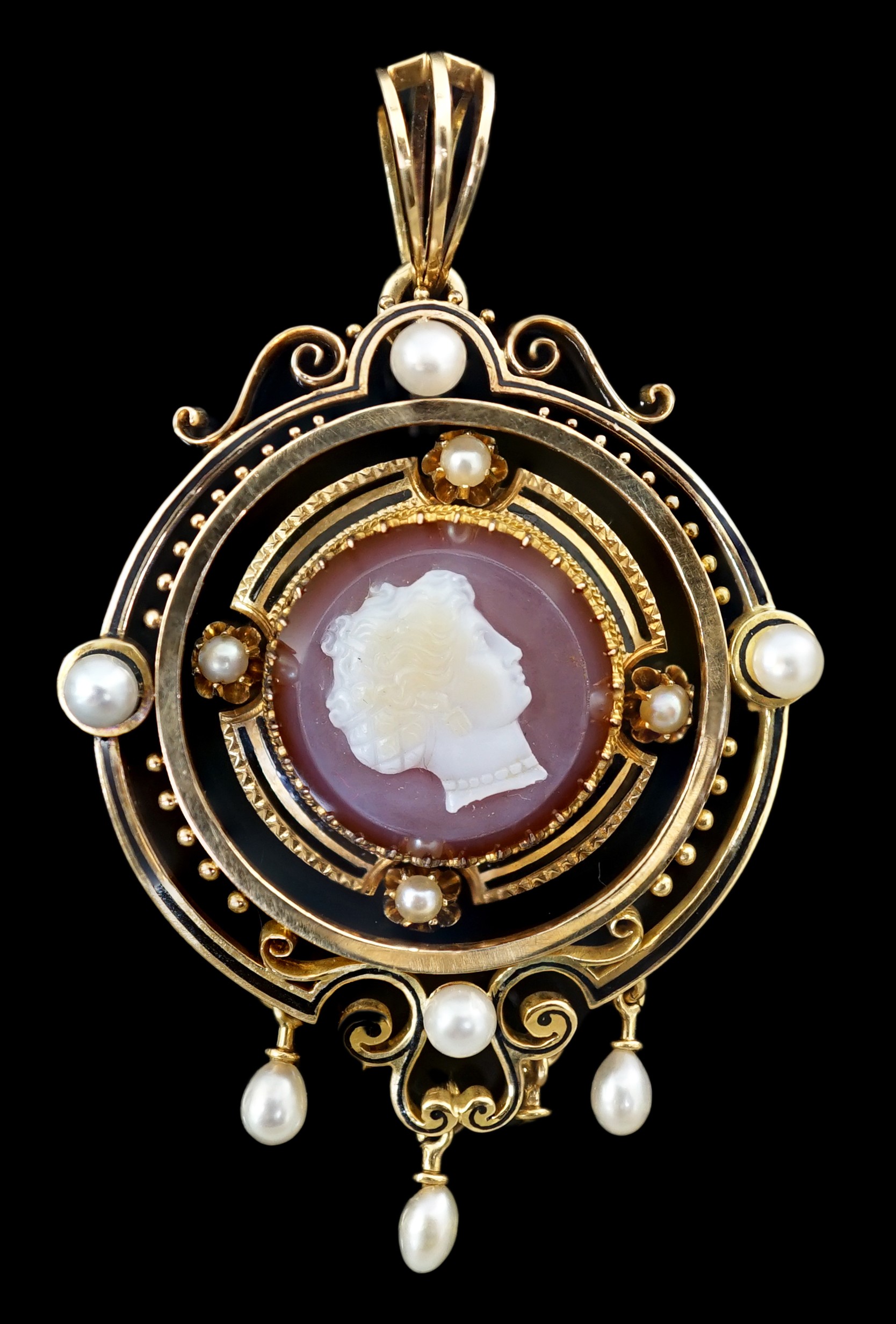 A Victorian gold, pearl, black enamel, and sardonyx hardstone cameo set drop pendant